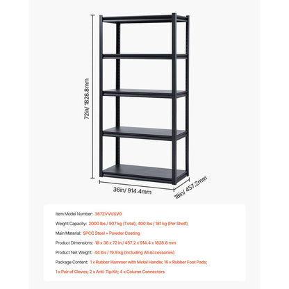 367ZVVUXV0 - Heavy-Duty 5-Tier Steel Shelving Unit, 18" x 36" x 72"