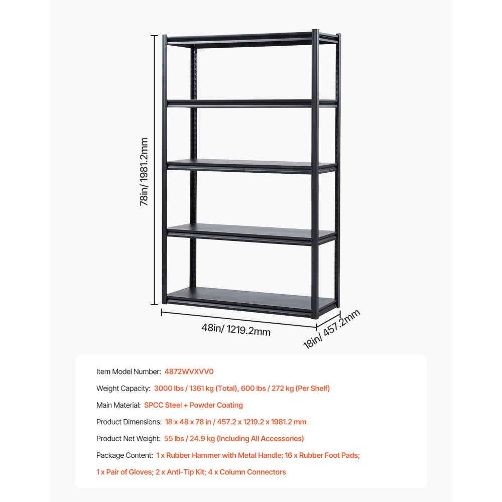 4872WVXVV0 - Heavy-Duty 5-Tier Steel Shelving, 3000 lbs Capacity, 18"x48"x78"