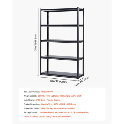 4872WVXVV0 - Heavy-Duty 5-Tier Steel Shelving, 3000 lbs Capacity, 18"x48"x78"