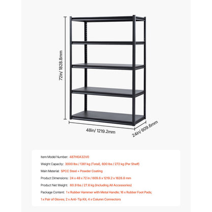 487H0A32V0 - Heavy-Duty 5-Tier Shelving Unit, 48" W x 72" H, Adjustable Storage