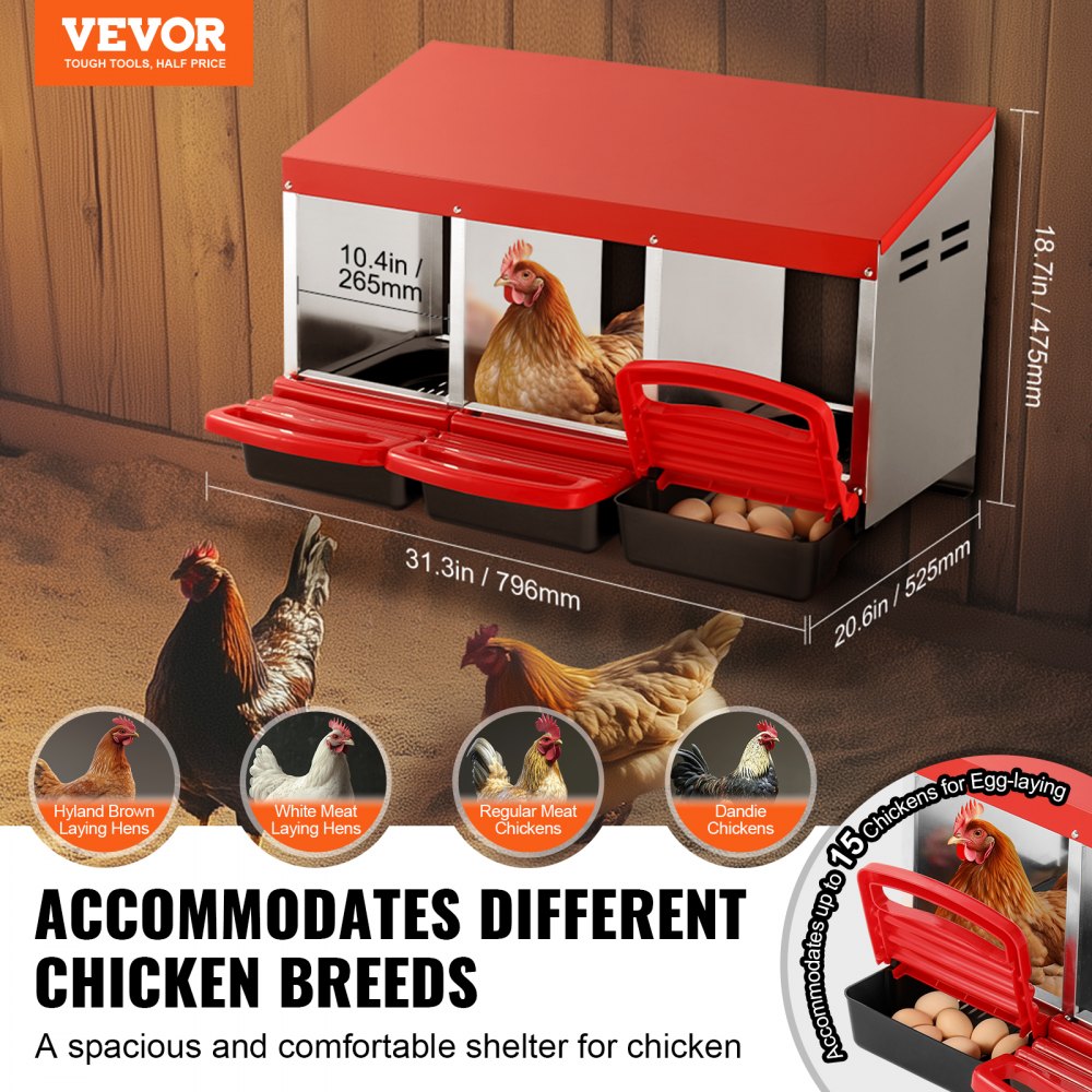 EB-003 - Durable 3-Compartment Chicken Nest Box with Egg Roll Feature