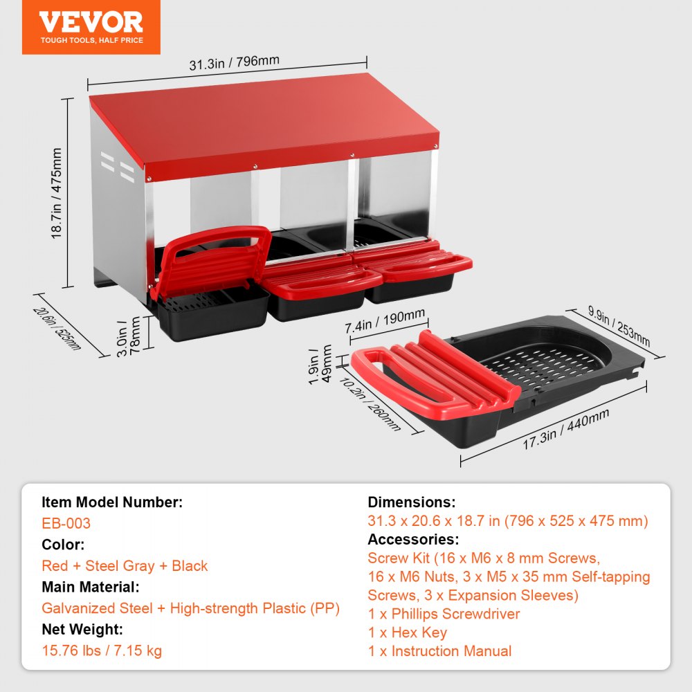 EB-003 - Durable 3-Compartment Chicken Nest Box with Egg Roll Feature