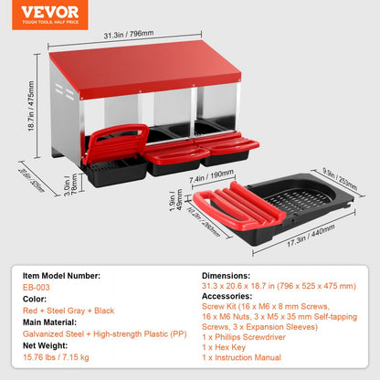 EB-003 - Durable 3-Compartment Chicken Nest Box with Egg Roll Feature