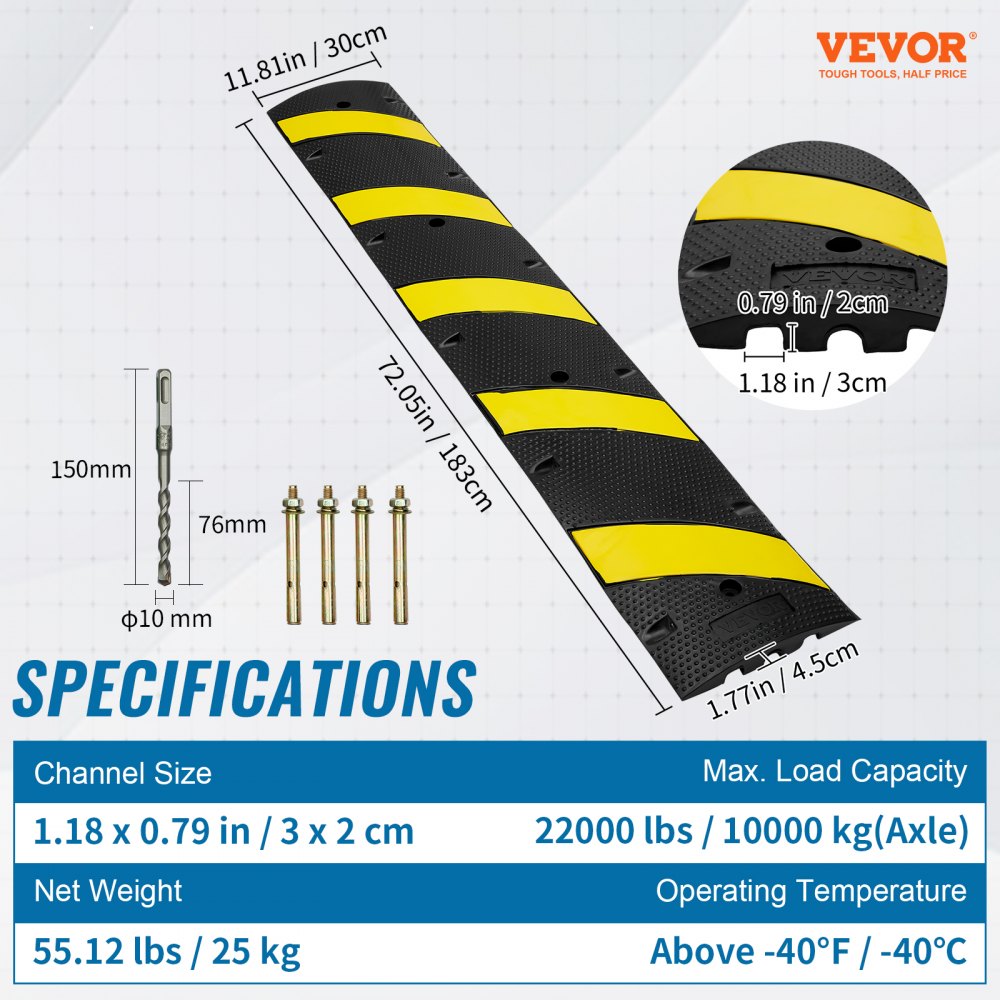 RS1830A-1 - Durable 72'' Rubber Speed Bump for Cable Protection and Safety