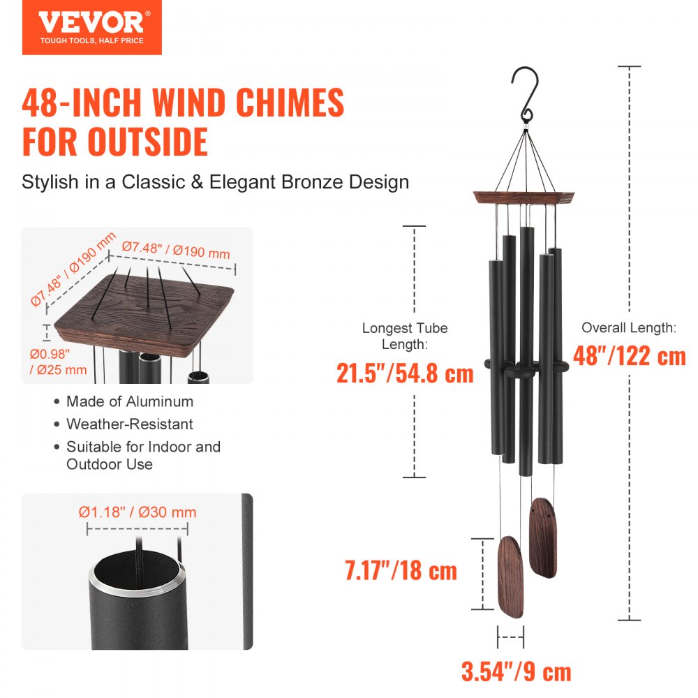 W22080 - 48" Aluminum Wind Chimes | Deep Tone for Garden & Patio