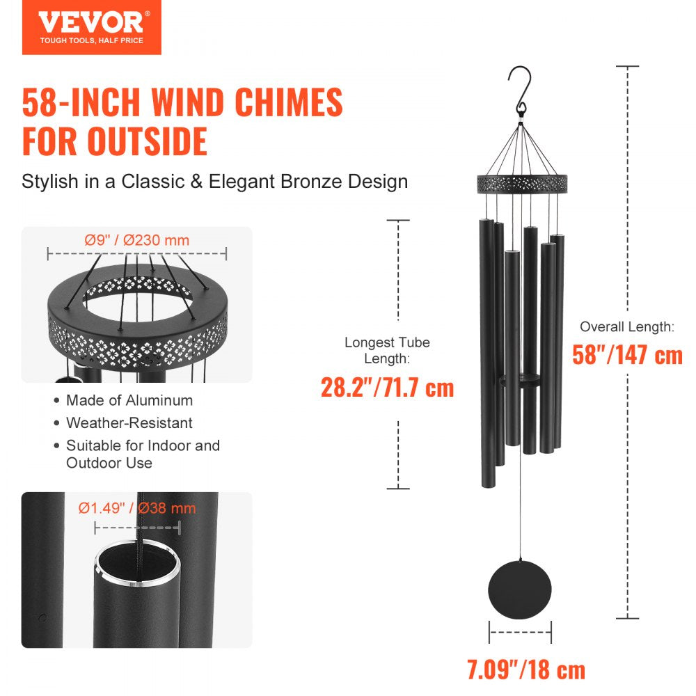M22091 - 58" Black Aluminum Deep Tone Wind Chimes for Home & Garden