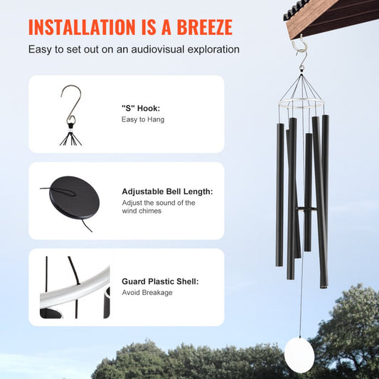 M22092 - 66-Inch Black Metal Deep Tone Wind Chimes with 6 Aluminum Tubes