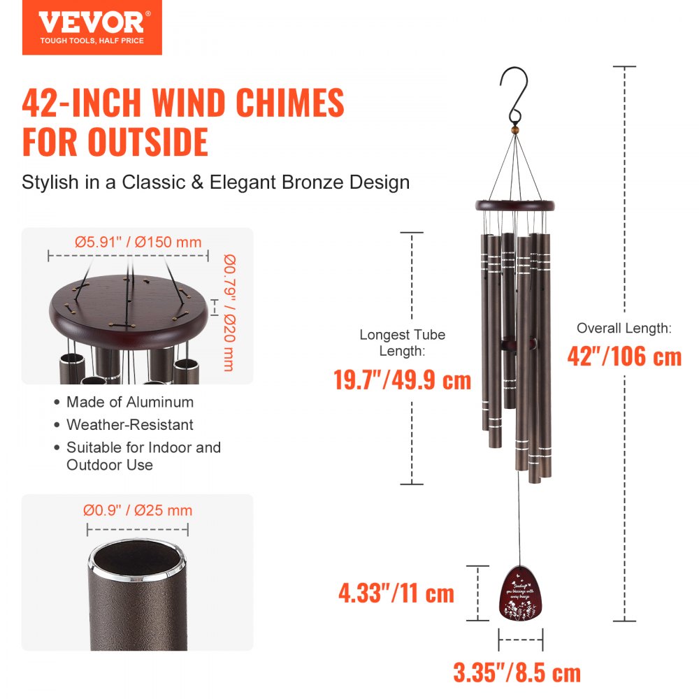 W22079 - 42-Inch Aluminum Deep Tone Wind Chimes for Outdoor Serenity