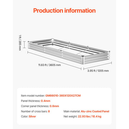 GM66010-360X120X27CM - Durable 12x4 ft Metal Raised Garden Bed for Deep Plants