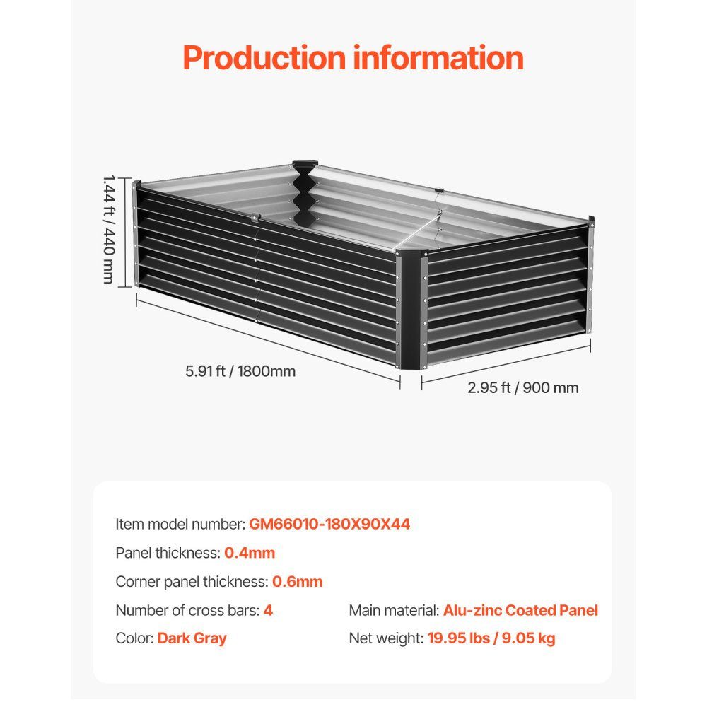 GM66010-180X90X44 - Durable 6x3ft Metal Raised Planter Bed for Deep-Rooted Plants