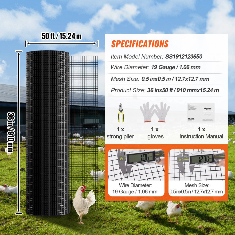 SS1912123650 - 36'' x 50' Black Vinyl Coated Wire Mesh for Fencing
