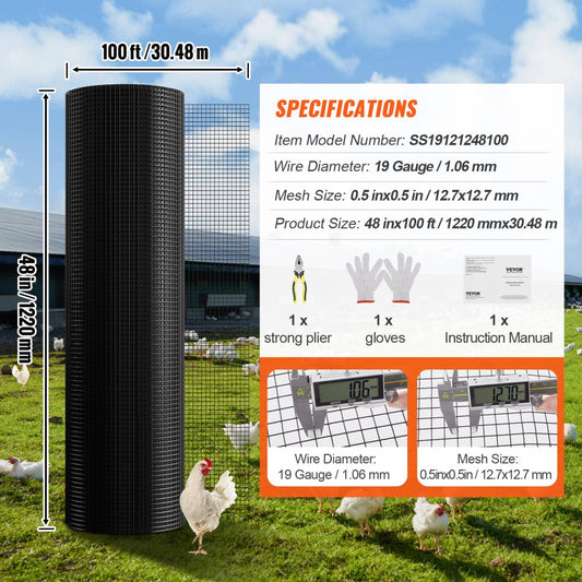 SS19121248100 - 48'' Galvanized Wire Mesh Roll with Black Vinyl Coating