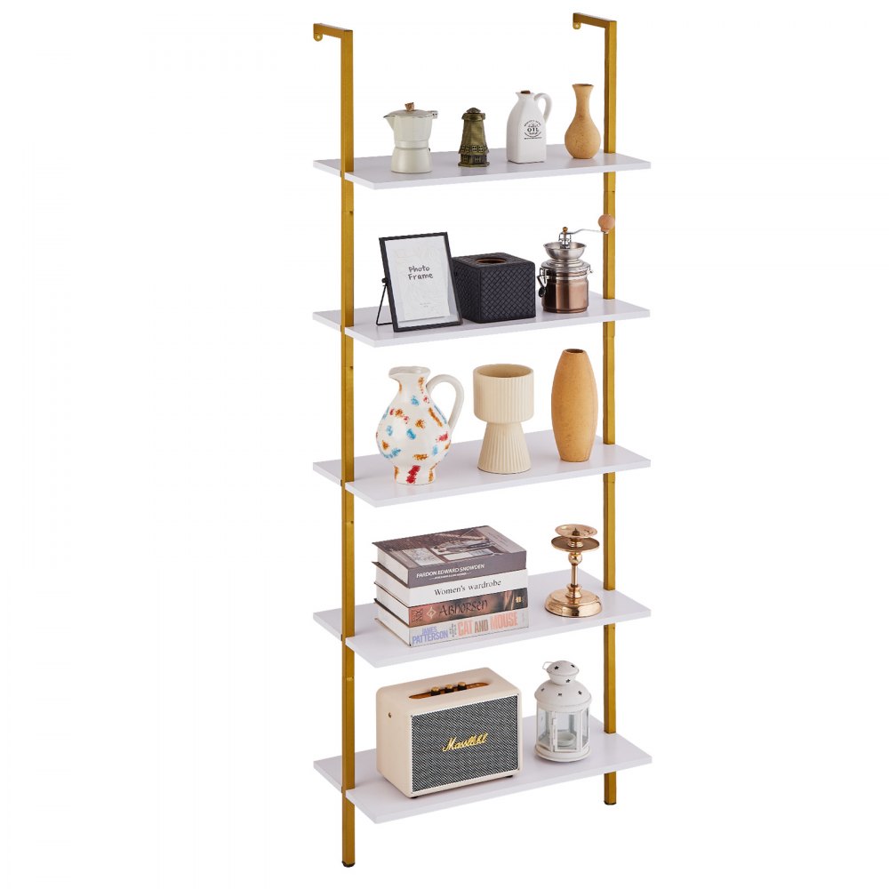 C240258S-02 - 5-Tier Industrial Pipe Shelf, 24x11.8in, Gold & White