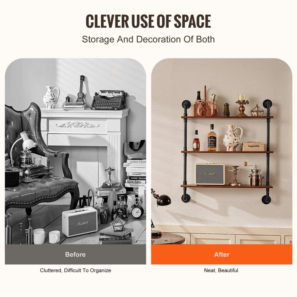 WPSR-XM009 - Wall-Mounted 3-Tier Steel Pipe Shelf 32"x7.87"