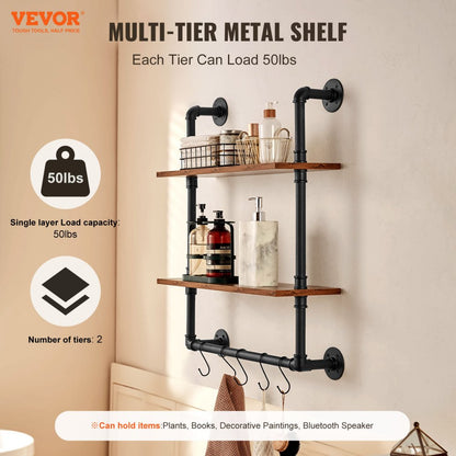 WPSR-XM006 - Wall-Mounted Metal Pipe Shelf 24x7.87in with Hooks