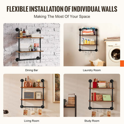 WPSR-XM006 - Wall-Mounted Metal Pipe Shelf 24x7.87in with Hooks