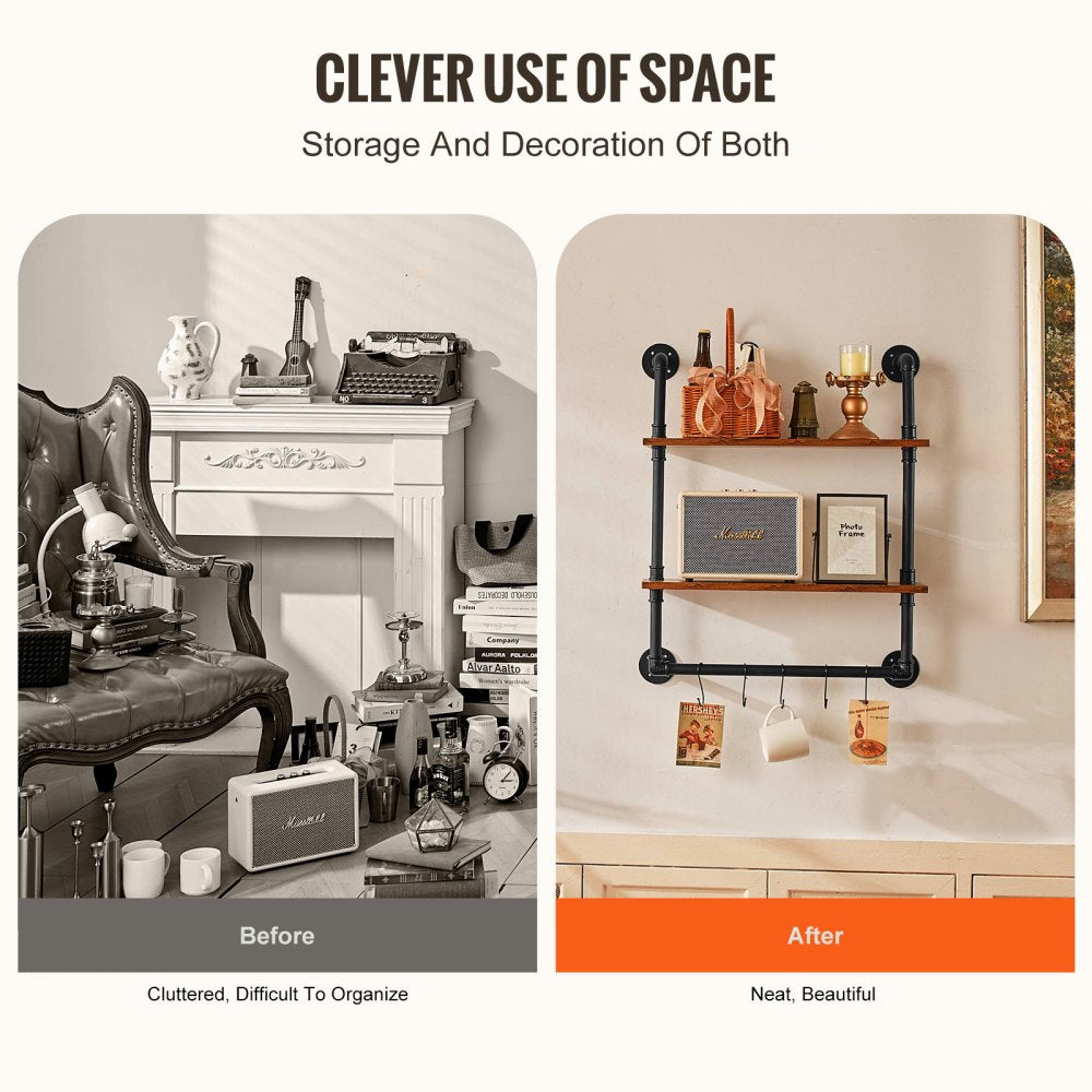 WPSR-XM006 - Wall-Mounted Metal Pipe Shelf 24x7.87in with Hooks