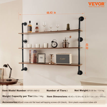 WPSR-XM012 - 48" Wall-Mounted Industrial Pipe Shelf with Extra Storage Rods