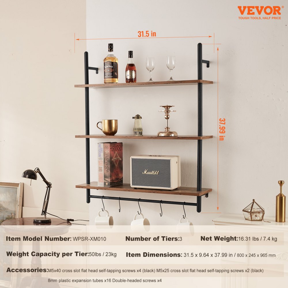 WPSR-XM010 - Durable 3-Tier Metal Pipe Shelf 32x9.84in for Easy Organization