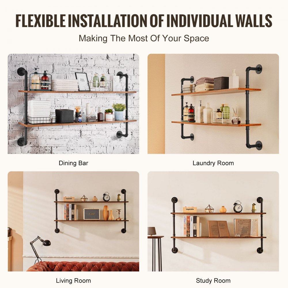 WPSR-XM007 - Wall-Mounted Metal Pipe Shelf 48x9.84in with Hooks