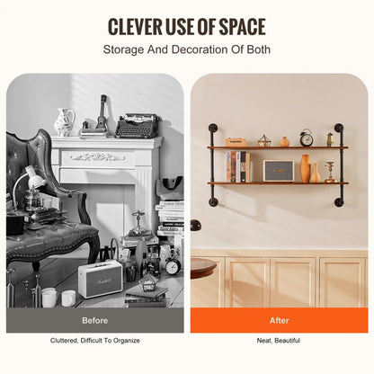 WPSR-XM007 - Wall-Mounted Metal Pipe Shelf 48x9.84in with Hooks