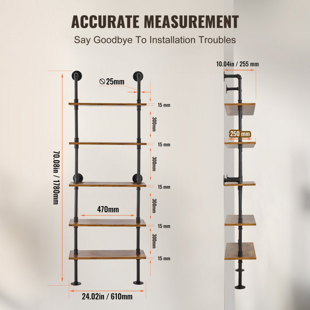 WPSR-XM013 - 5-Tier Wall-Mount Pipe Shelf, Durable Steel 24x9.84in