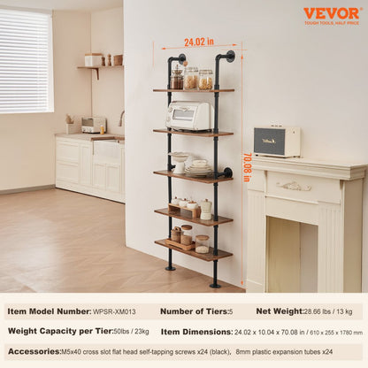 WPSR-XM013 - 5-Tier Wall-Mount Pipe Shelf, Durable Steel 24x9.84in