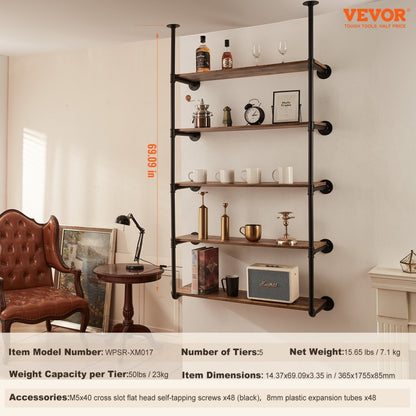 WPSR-XM017 - 5-Tier Wall-Mounted Steel Pipe Shelf for Versatile Storage