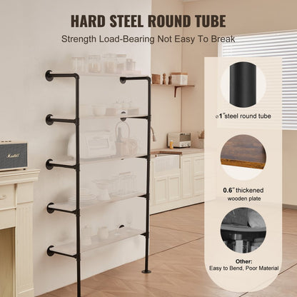 WPSR-XM016 - 5-Tier Metal Pipe Shelf, 9.84in W, Wall-Mounted Design