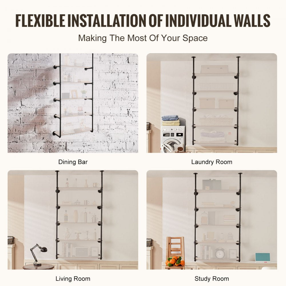 WPSR-XM016 - 5-Tier Metal Pipe Shelf, 9.84in W, Wall-Mounted Design