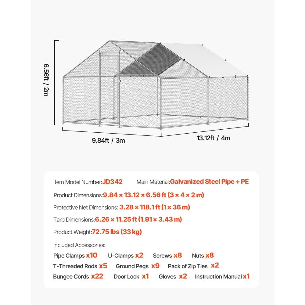 JD342 - Galvanized Steel Chicken Run 9.8x13.1 ft with Secure Lock