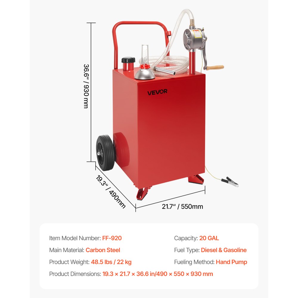 FF-920 - 20 Gallon Steel Fuel Caddy with Manual Pump & Gauge
