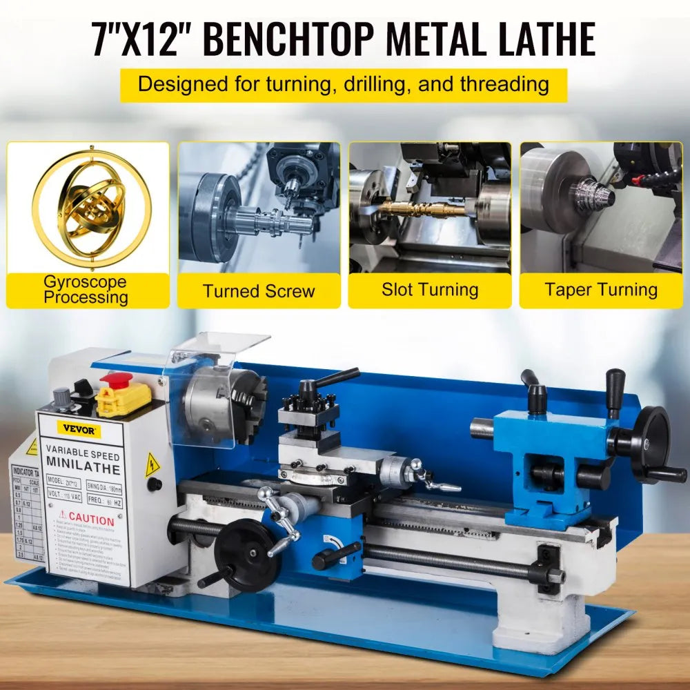 010382049841 - 7"x12" VEVOR Mini Bench Lathe with 3-Jaw Chuck, 2250 RPM