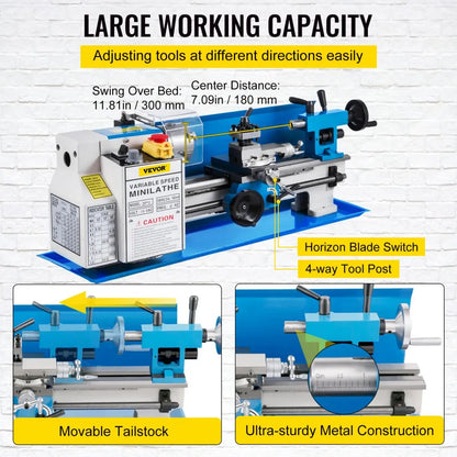 010382049841 - 7"x12" VEVOR Mini Bench Lathe with 3-Jaw Chuck, 2250 RPM