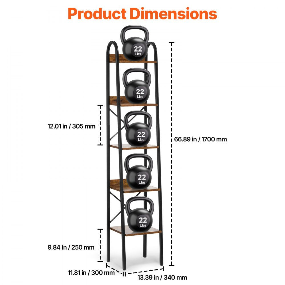 YJX-BS002 - Sturdy 5-Tier Metal Bookshelf with Adjustable Feet & Anti-Tip Kit