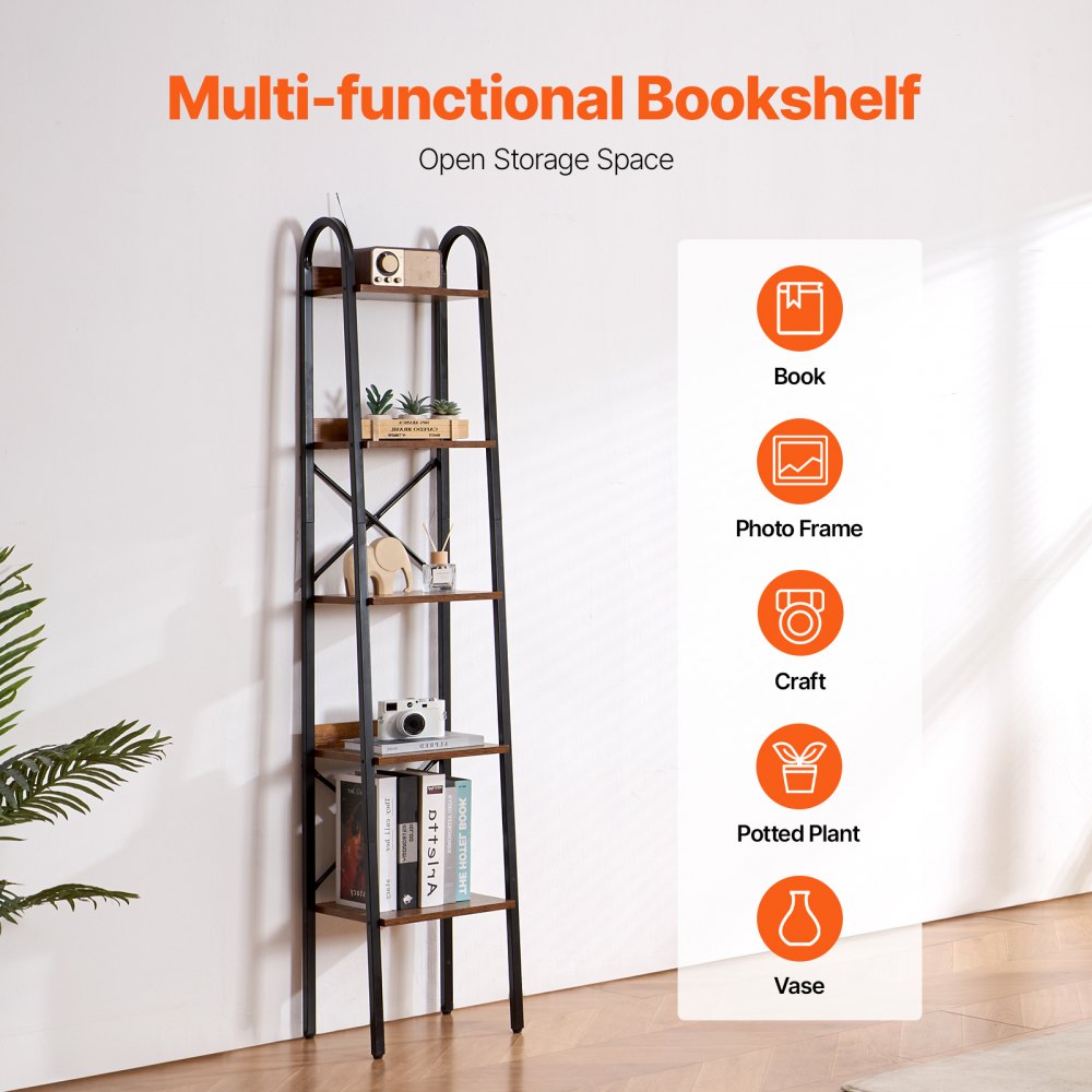 YJX-BS002 - Sturdy 5-Tier Metal Bookshelf with Adjustable Feet & Anti-Tip Kit