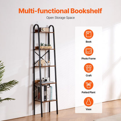 YJX-BS002 - Sturdy 5-Tier Metal Bookshelf with Adjustable Feet & Anti-Tip Kit