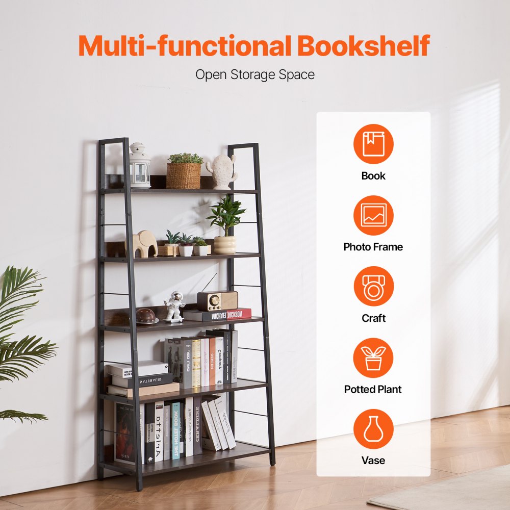 C240729W-01 - 5-Tier Metal Bookcase - Multi-Use, Durable Industrial Style