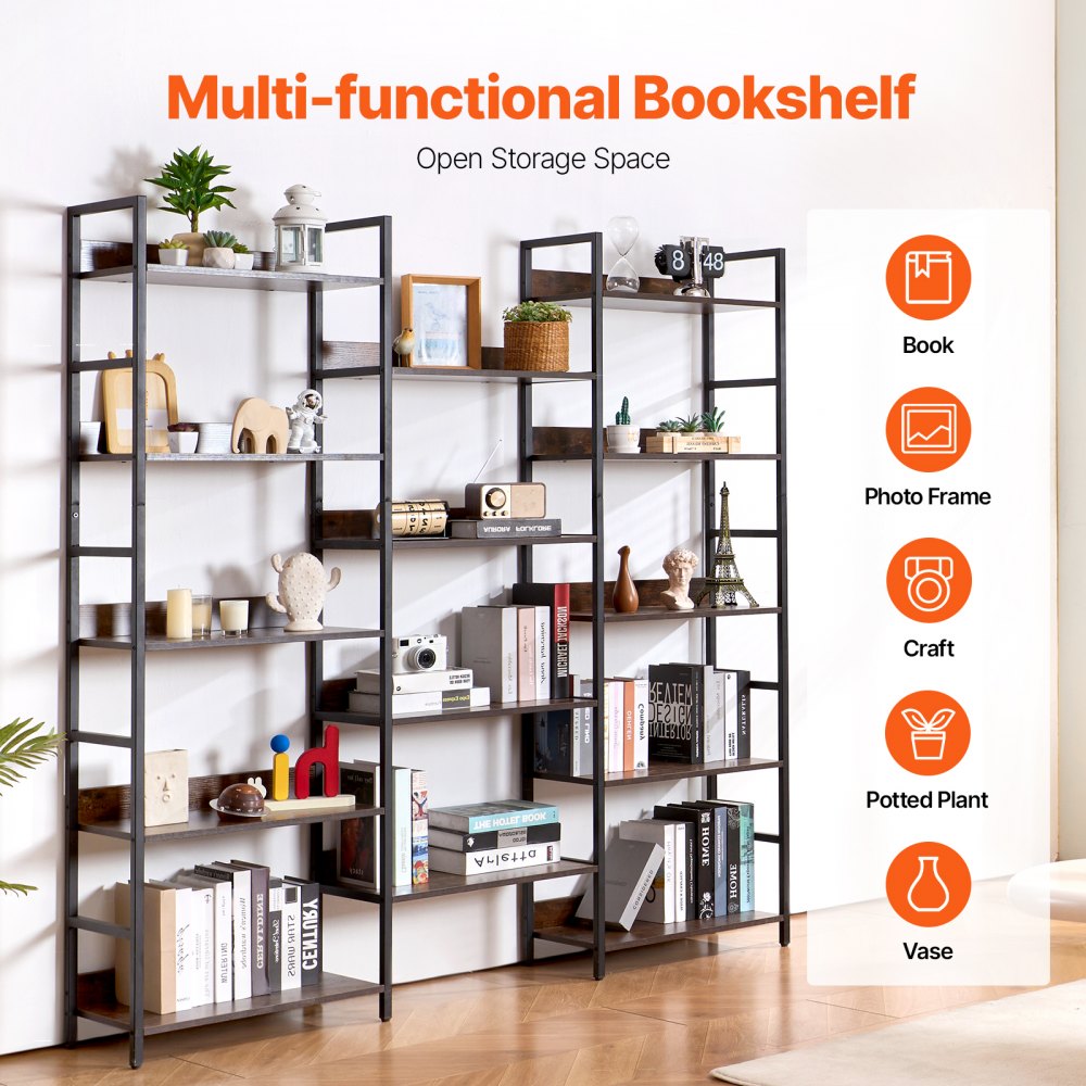 C240729W-05 - Rustic 14-Tier Metal Bookshelf for Display and Storage