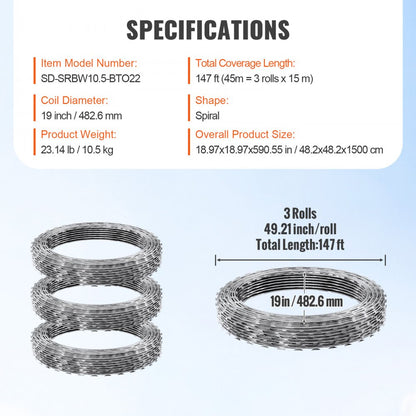 SD-SRBW10.5-BTO22 - VEVOR 147ft Galvanized Razor Wire for Ultimate Security