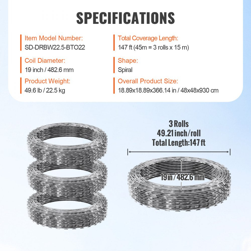 SD-DRBW22.5-BTO22 - 147 ft Double Spiral VEVOR Razor Wire for Ultimate Security