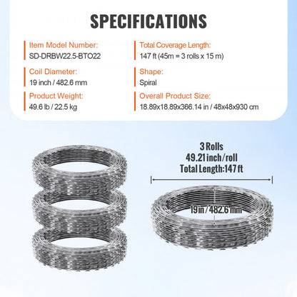 SD-DRBW22.5-BTO22 - 147 ft Double Spiral VEVOR Razor Wire for Ultimate Security