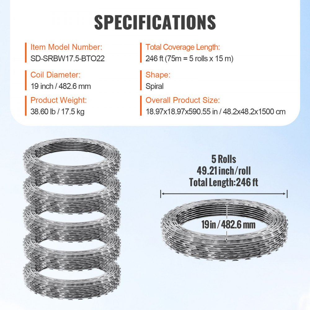 SD-SRBW17.5-BTO22 - 246ft Razor Barbed Wire with Sharp Blades & Gloves