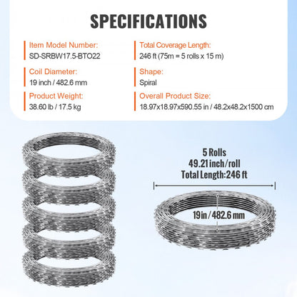 SD-SRBW17.5-BTO22 - 246ft Razor Barbed Wire with Sharp Blades & Gloves
