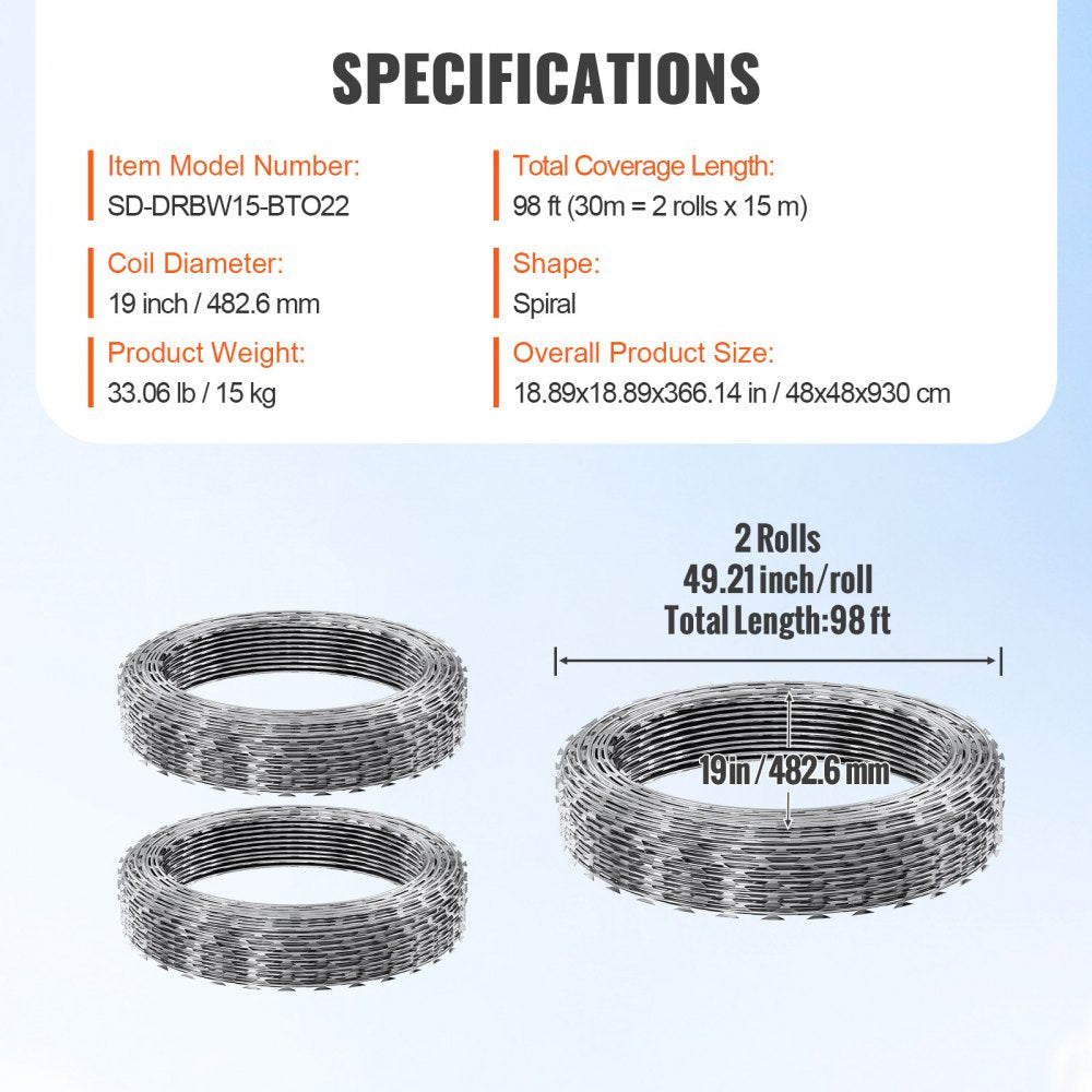 SD-DRBW15-BTO22 - 98ft Rust-Proof Razor Barbed Wire for Security and Wildlife Deterrence