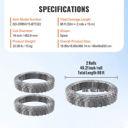 SD-DRBW15-BTO22 - 98ft Rust-Proof Razor Barbed Wire for Security and Wildlife Deterrence