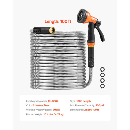 FH-SS04 - 100ft Stainless Steel Kink-Free Hose with 10 Spray Patterns