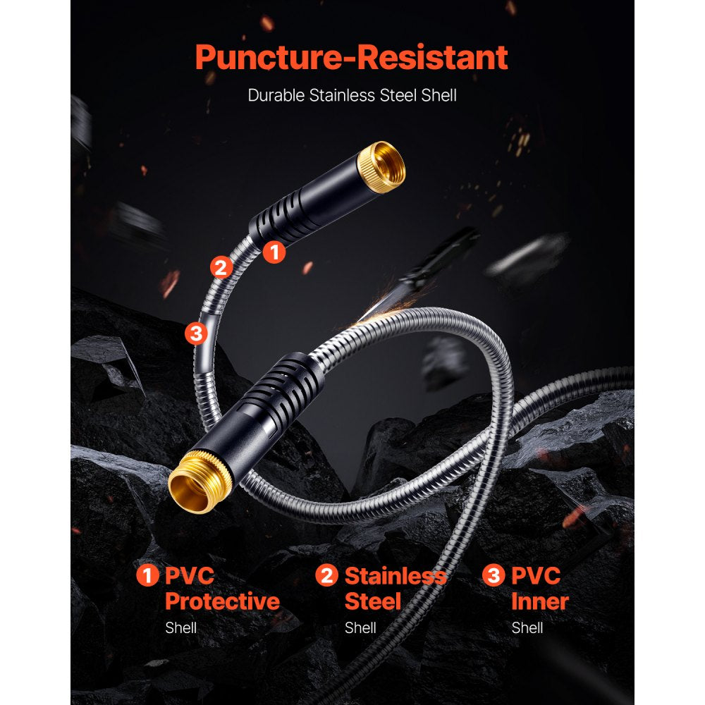 FH-SS06 - 200 ft Stainless Steel Kink-Free Garden Hose with Nozzle