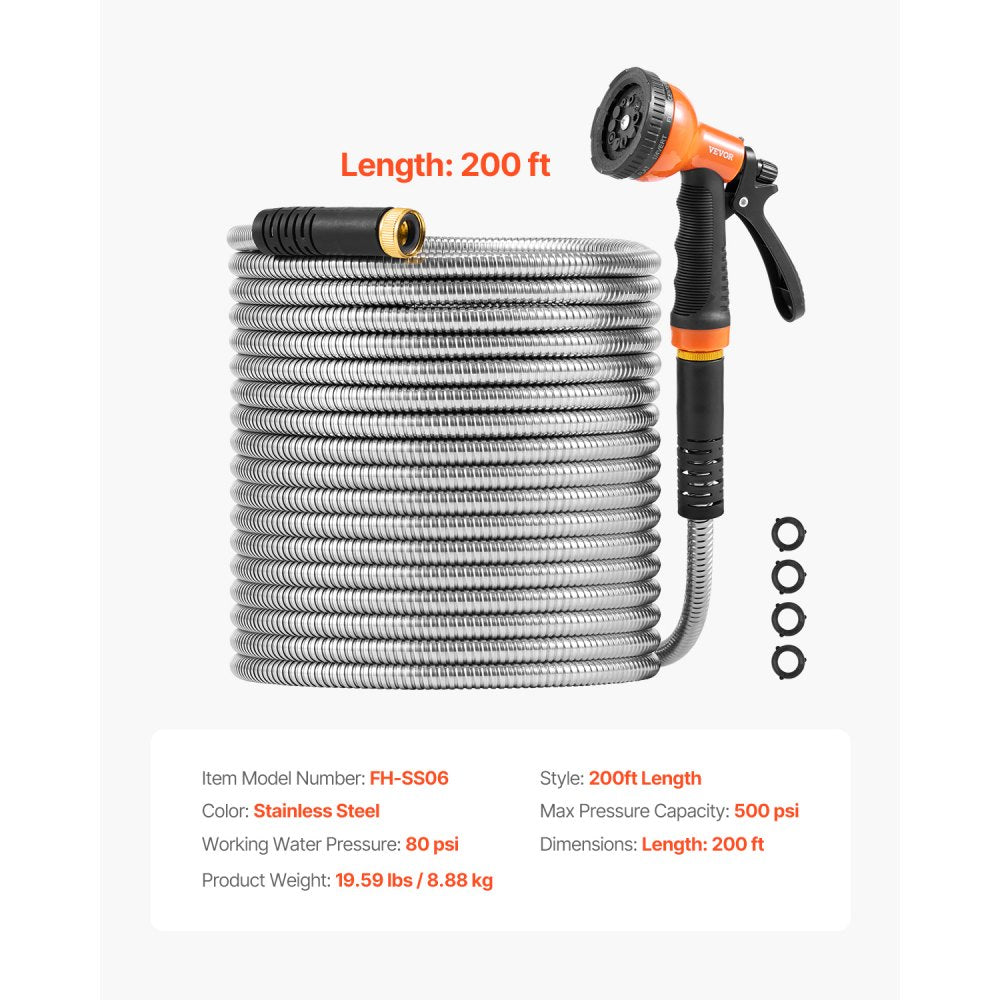 FH-SS06 - 200 ft Stainless Steel Kink-Free Garden Hose with Nozzle