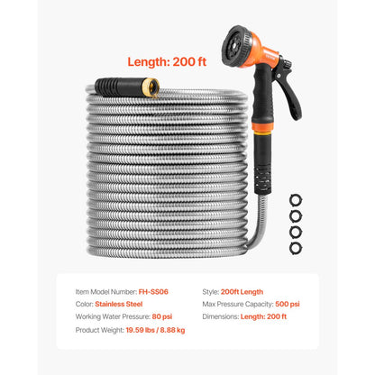 FH-SS06 - 200 ft Stainless Steel Kink-Free Garden Hose with Nozzle